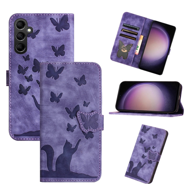 For Samsung Galaxy S25 5G Butterfly Cat Embossing Flip Leather Phone Case(Purple)