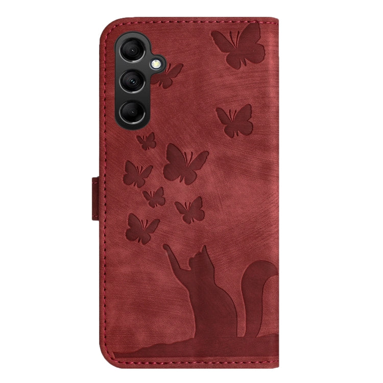 For Samsung Galaxy S25 5G Butterfly Cat Embossing Flip Leather Phone Case(Red)