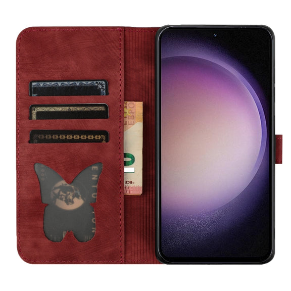 For Samsung Galaxy S25 5G Butterfly Cat Embossing Flip Leather Phone Case(Red)