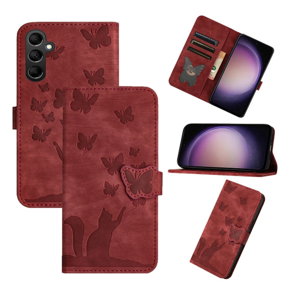 For Samsung Galaxy S25 5G Butterfly Cat Embossing Flip Leather Phone Case(Red)