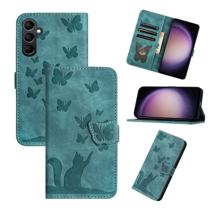 For Samsung Galaxy S25 5G Butterfly Cat Embossing Flip Leather Phone Case(Wathet)