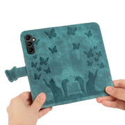 For Samsung Galaxy S25 5G Butterfly Cat Embossing Flip Leather Phone Case(Wathet)