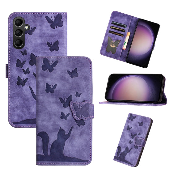 For Samsung Galaxy S25+ 5G Butterfly Cat Embossing Flip Leather Phone Case(Purple)
