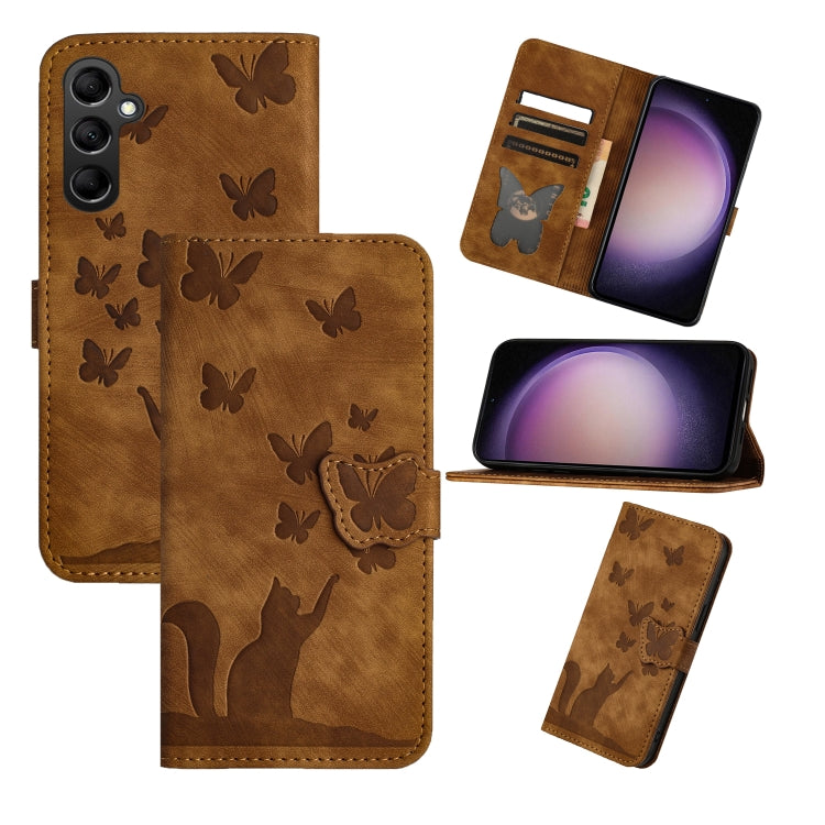 For Samsung Galaxy S25+ 5G Butterfly Cat Embossing Flip Leather Phone Case(Brown)