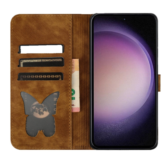 For Samsung Galaxy S25+ 5G Butterfly Cat Embossing Flip Leather Phone Case(Brown)