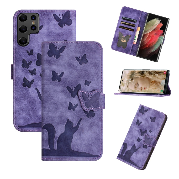 For Samsung Galaxy S25 Ultra 5G Butterfly Cat Embossing Flip Leather Phone Case(Purple)