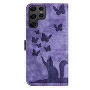 For Samsung Galaxy S25 Ultra 5G Butterfly Cat Embossing Flip Leather Phone Case(Purple)