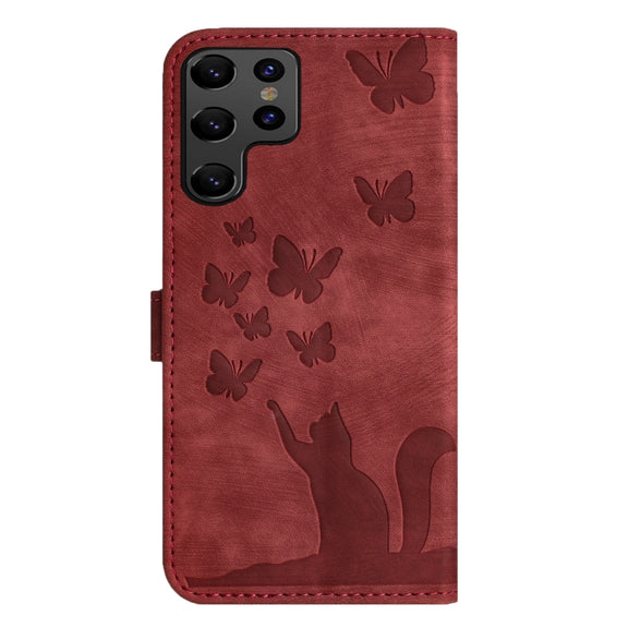 For Samsung Galaxy S25 Ultra 5G Butterfly Cat Embossing Flip Leather Phone Case(Red)