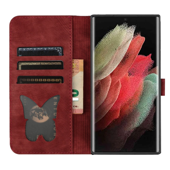 For Samsung Galaxy S25 Ultra 5G Butterfly Cat Embossing Flip Leather Phone Case(Red)