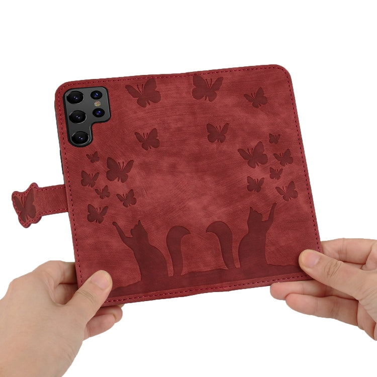 For Samsung Galaxy S25 Ultra 5G Butterfly Cat Embossing Flip Leather Phone Case(Red)