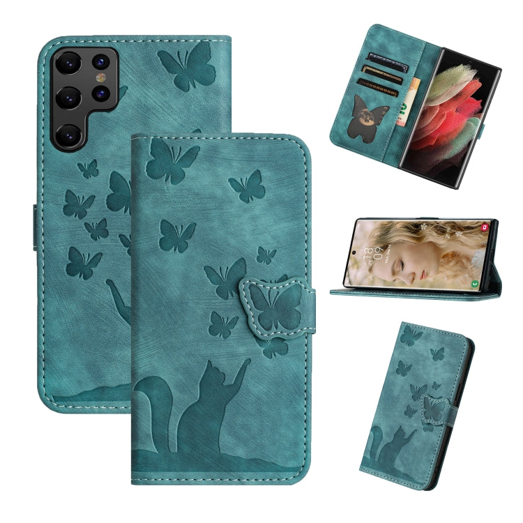 For Samsung Galaxy S25 Ultra 5G Butterfly Cat Embossing Flip Leather Phone Case(Wathet)