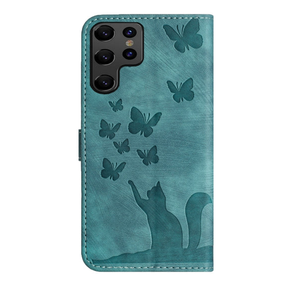 For Samsung Galaxy S25 Ultra 5G Butterfly Cat Embossing Flip Leather Phone Case(Wathet)