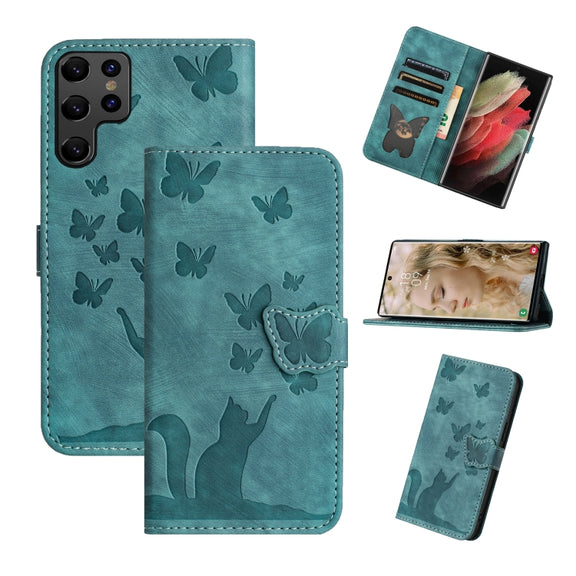 For Samsung Galaxy S25 Ultra 5G Butterfly Cat Embossing Flip Leather Phone Case(Wathet)