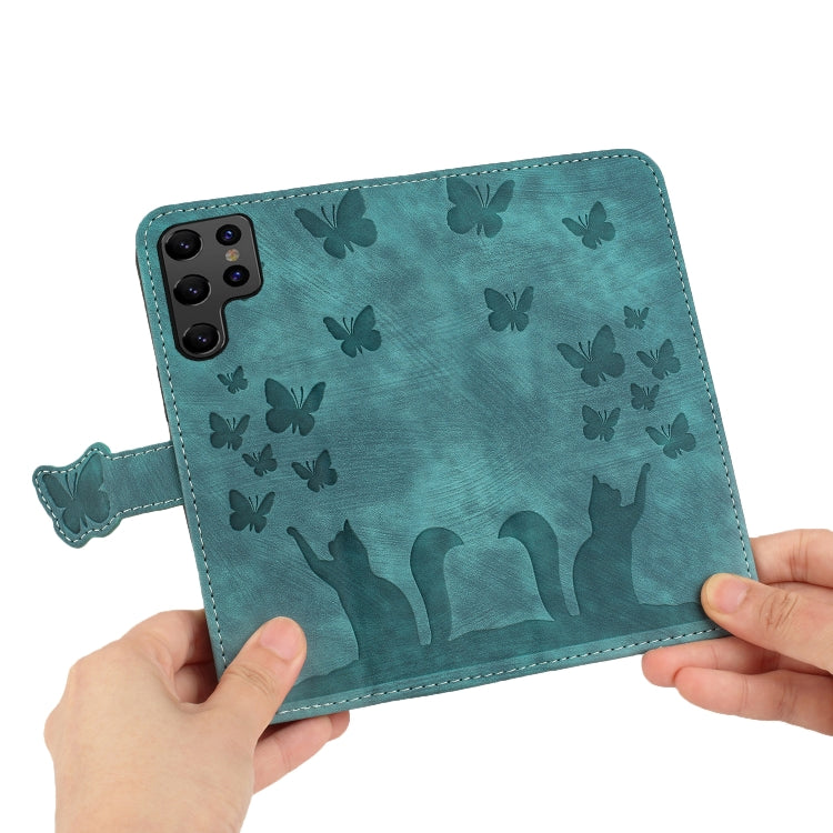 For Samsung Galaxy S25 Ultra 5G Butterfly Cat Embossing Flip Leather Phone Case(Wathet)