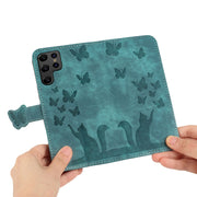 For Samsung Galaxy S25 Ultra 5G Butterfly Cat Embossing Flip Leather Phone Case(Wathet)