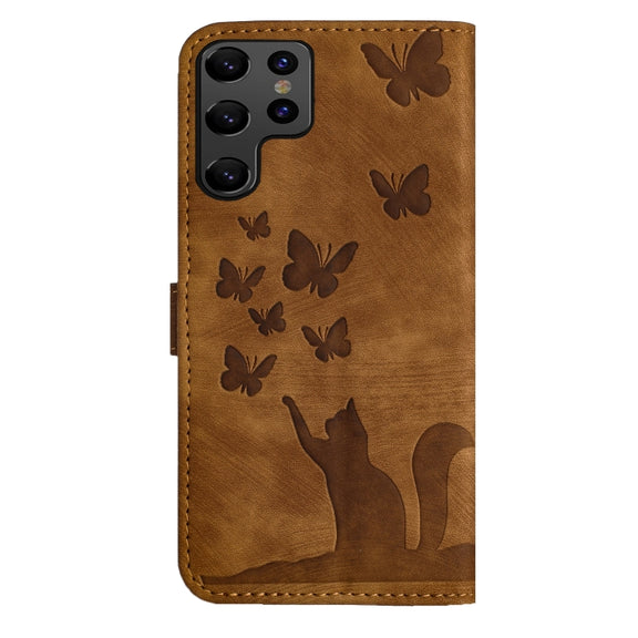 For Samsung Galaxy S25 Ultra 5G Butterfly Cat Embossing Flip Leather Phone Case(Brown)