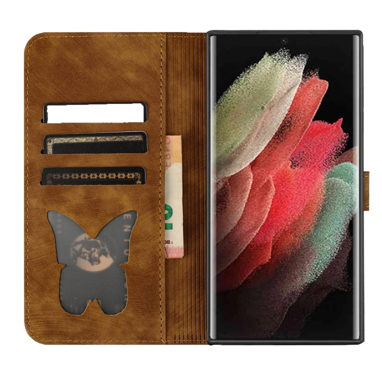 For Samsung Galaxy S25 Ultra 5G Butterfly Cat Embossing Flip Leather Phone Case(Brown)