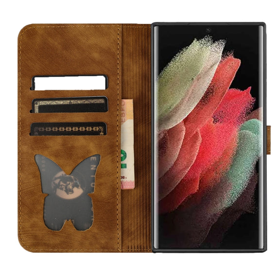 For Samsung Galaxy S25 Ultra 5G Butterfly Cat Embossing Flip Leather Phone Case(Brown)