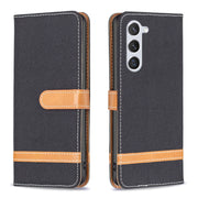 For Samsung Galaxy S25 5G Color Block Denim Texture Leather Phone Case(Black)