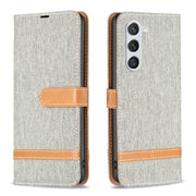For Samsung Galaxy S25 5G Color Block Denim Texture Leather Phone Case(Grey)