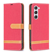 For Samsung Galaxy S25 5G Color Block Denim Texture Leather Phone Case(Red)