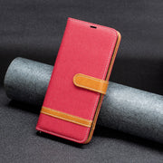 For Samsung Galaxy S25 5G Color Block Denim Texture Leather Phone Case(Red)