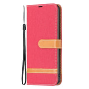 For Samsung Galaxy S25 5G Color Block Denim Texture Leather Phone Case(Red)