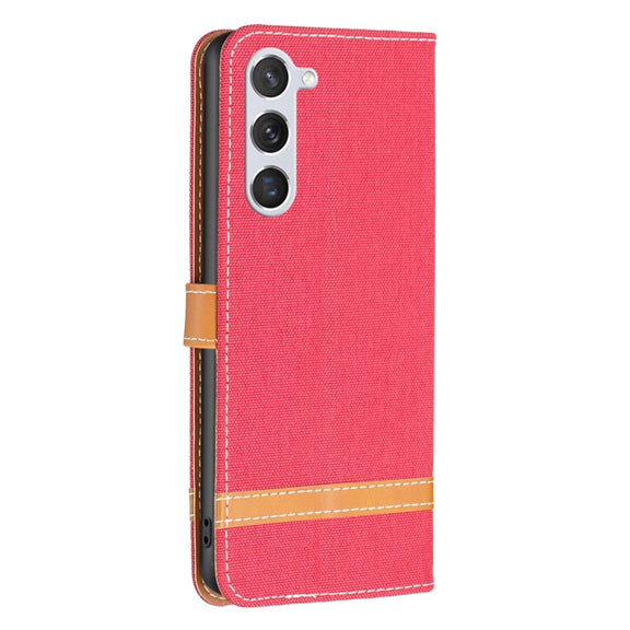 For Samsung Galaxy S25 5G Color Block Denim Texture Leather Phone Case(Red)