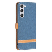 For Samsung Galaxy S25 5G Color Block Denim Texture Leather Phone Case(Dark Blue)