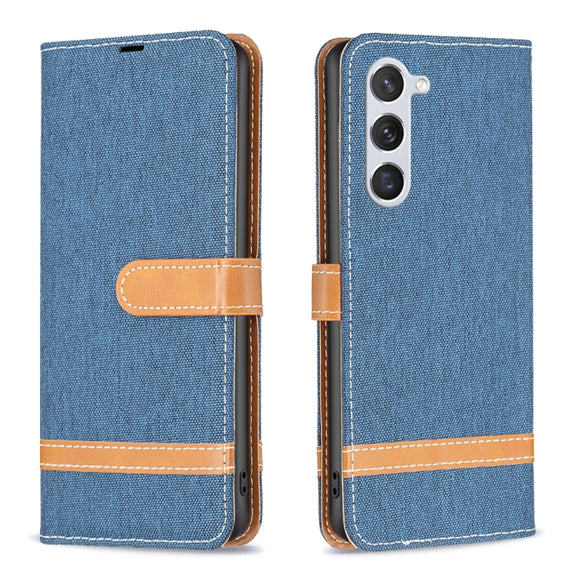 For Samsung Galaxy S25 5G Color Block Denim Texture Leather Phone Case(Dark Blue)
