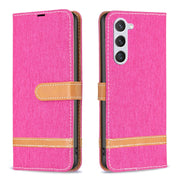 For Samsung Galaxy S25 5G Color Block Denim Texture Leather Phone Case(Rose Red)