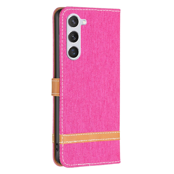 For Samsung Galaxy S25 5G Color Block Denim Texture Leather Phone Case(Rose Red)