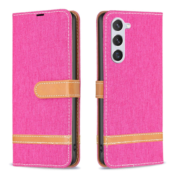 For Samsung Galaxy S25 5G Color Block Denim Texture Leather Phone Case(Rose Red)