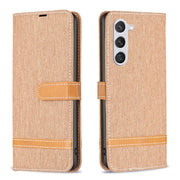 For Samsung Galaxy S25 5G Color Block Denim Texture Leather Phone Case(Brown)