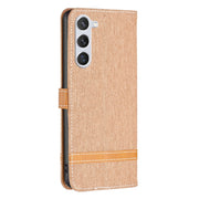 For Samsung Galaxy S25 5G Color Block Denim Texture Leather Phone Case(Brown)