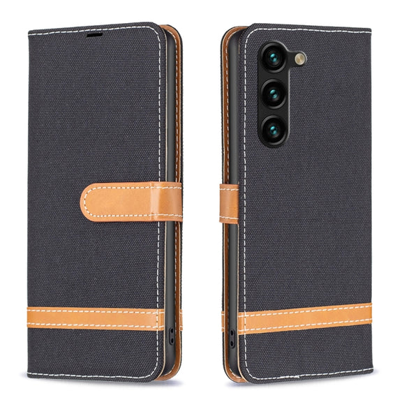 For Samsung Galaxy S25+ 5G Color Block Denim Texture Leather Phone Case(Black)