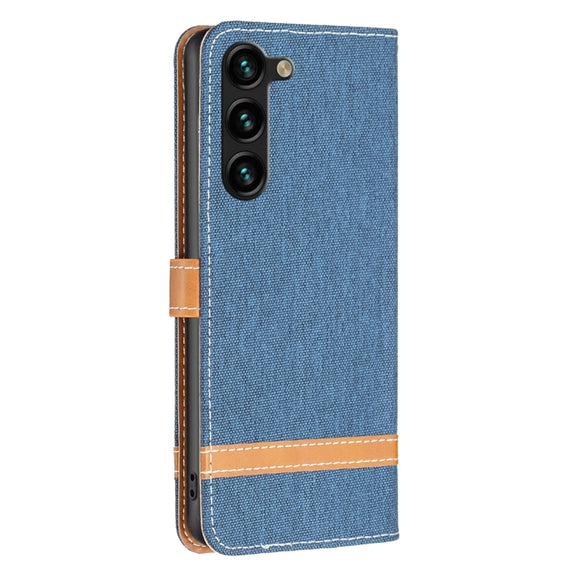 For Samsung Galaxy S25+ 5G Color Block Denim Texture Leather Phone Case(Dark Blue)