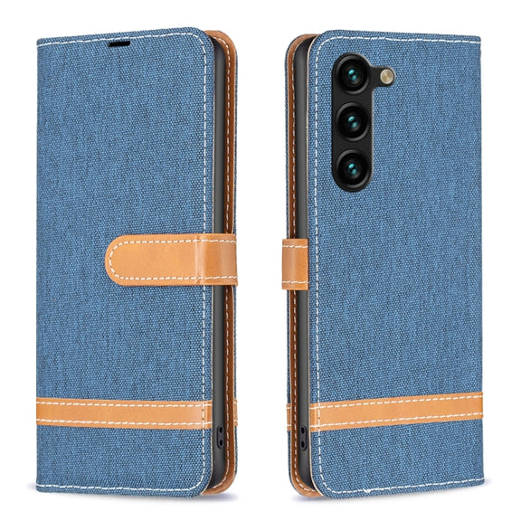 For Samsung Galaxy S25+ 5G Color Block Denim Texture Leather Phone Case(Dark Blue)