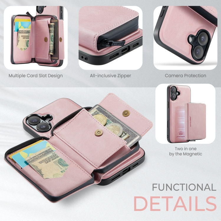 For iPhone 16 Plus JEEHOOD J02 Magnetic Zipper Horizontal Flip Leather Phone Case(Pink)