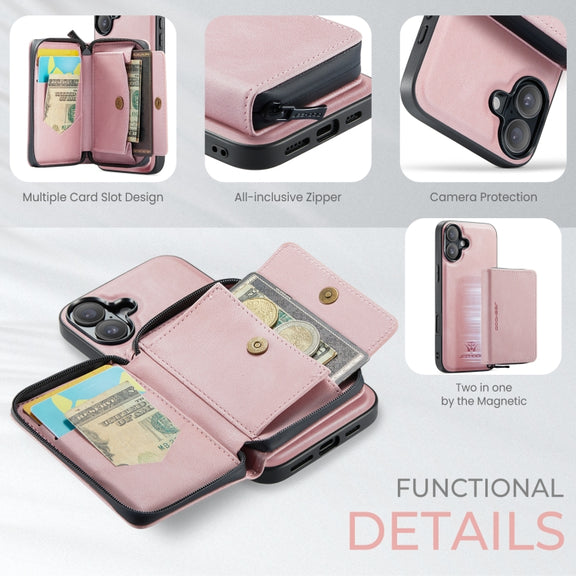 For iPhone 16 Plus JEEHOOD J02 Magnetic Zipper Horizontal Flip Leather Phone Case(Pink)