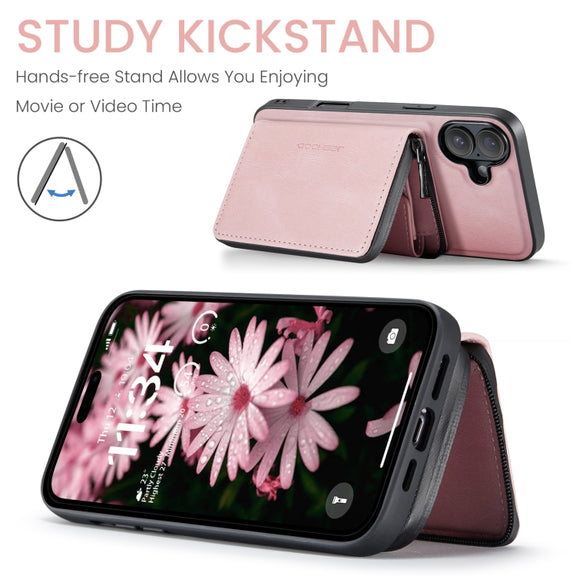 For iPhone 16 Plus JEEHOOD J02 Magnetic Zipper Horizontal Flip Leather Phone Case(Pink)