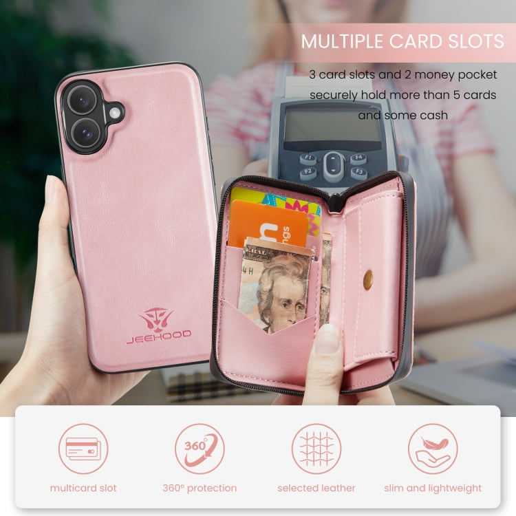 For iPhone 16 Plus JEEHOOD J02 Magnetic Zipper Horizontal Flip Leather Phone Case(Pink)