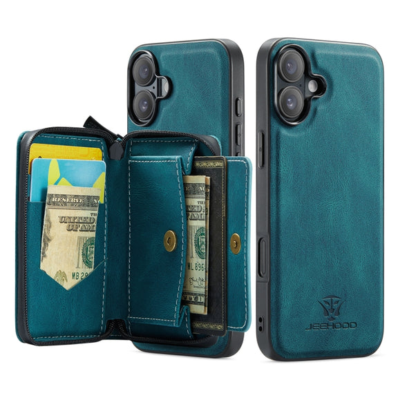 For iPhone 16 Plus JEEHOOD J02 Magnetic Zipper Horizontal Flip Leather Phone Case(Blue)