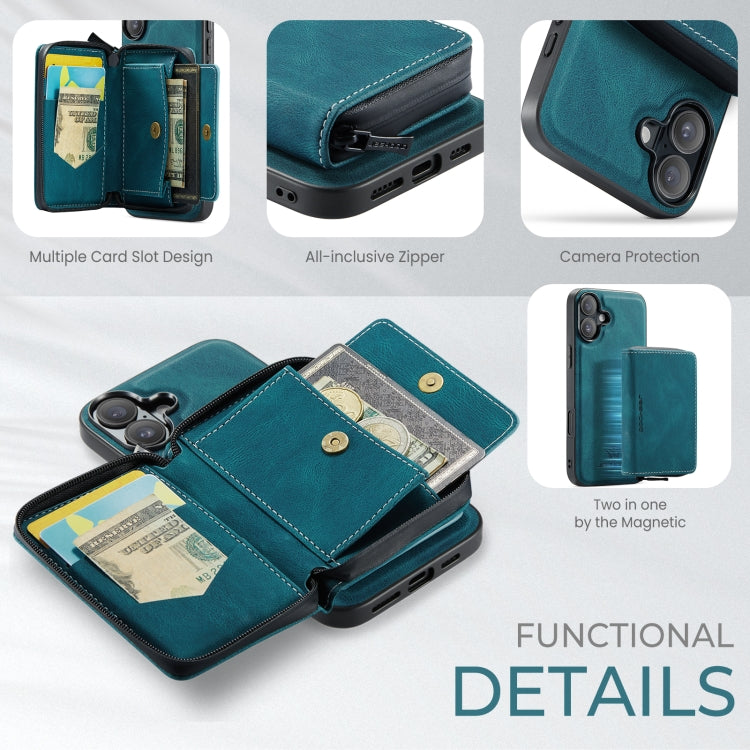 For iPhone 16 Plus JEEHOOD J02 Magnetic Zipper Horizontal Flip Leather Phone Case(Blue)