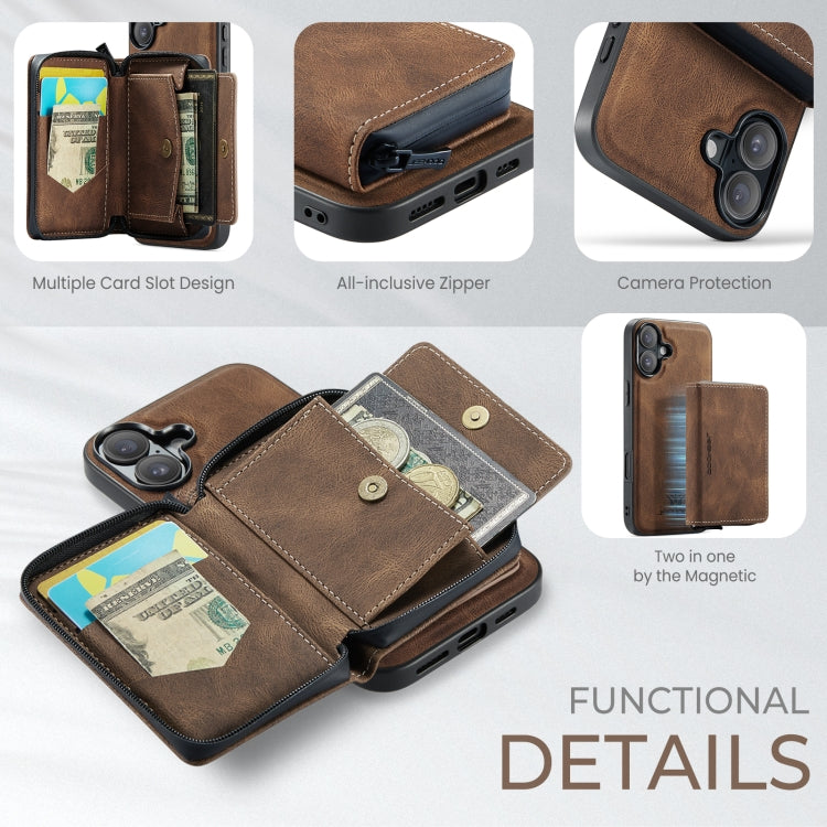 For iPhone 16 Plus JEEHOOD J02 Magnetic Zipper Horizontal Flip Leather Phone Case(Brown)