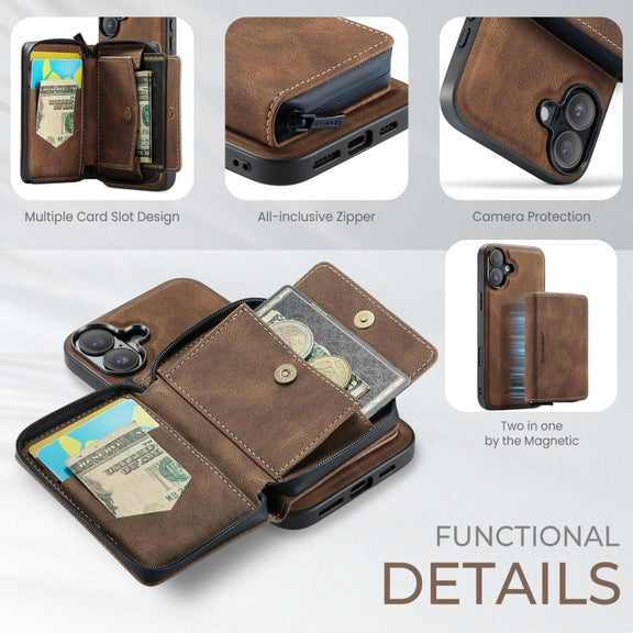 For iPhone 16 Plus JEEHOOD J02 Magnetic Zipper Horizontal Flip Leather Phone Case(Brown)