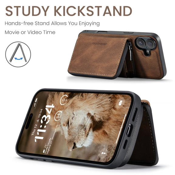 For iPhone 16 Plus JEEHOOD J02 Magnetic Zipper Horizontal Flip Leather Phone Case(Brown)