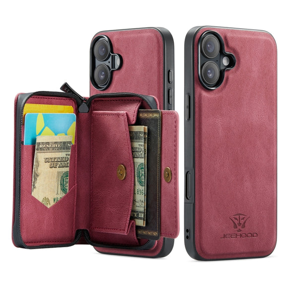 For iPhone 16 Plus JEEHOOD J02 Magnetic Zipper Horizontal Flip Leather Phone Case(Red)