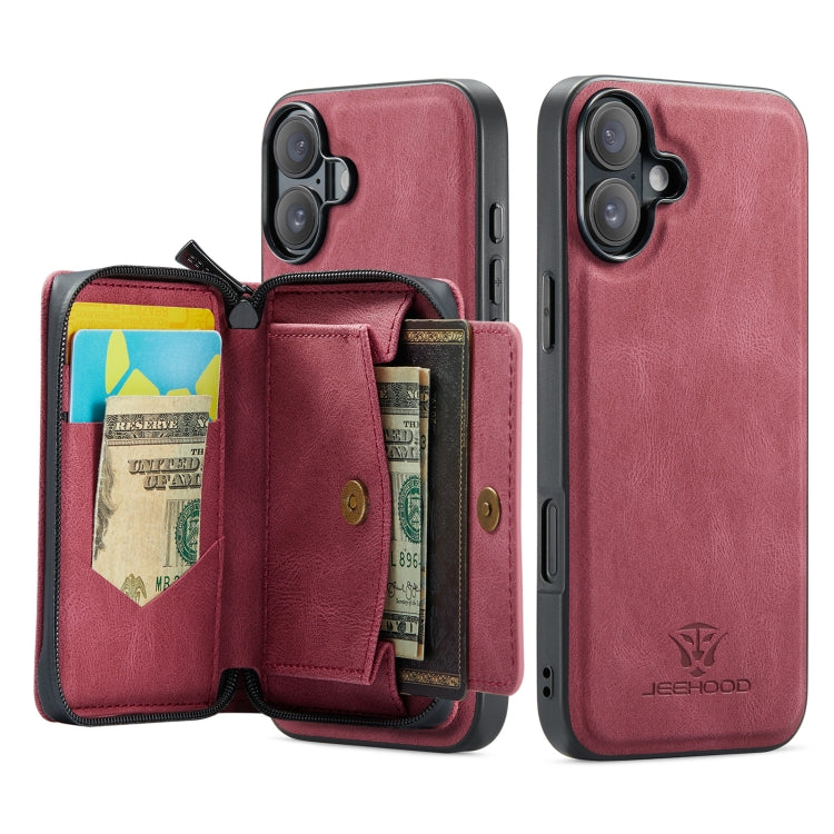 For iPhone 16 Plus JEEHOOD J02 Magnetic Zipper Horizontal Flip Leather Phone Case(Red)
