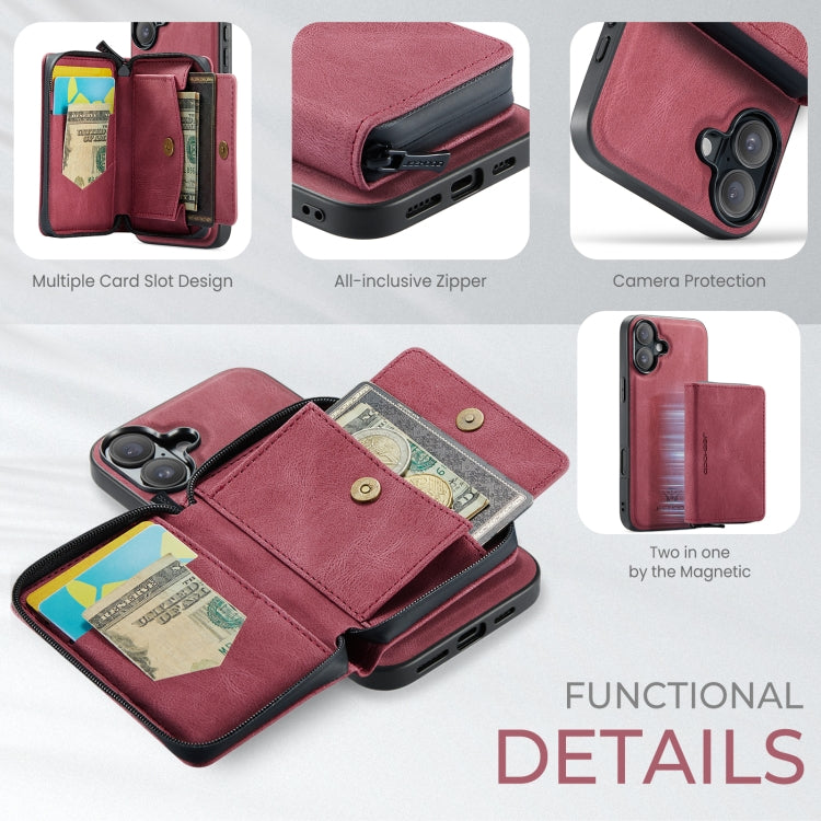 For iPhone 16 Plus JEEHOOD J02 Magnetic Zipper Horizontal Flip Leather Phone Case(Red)